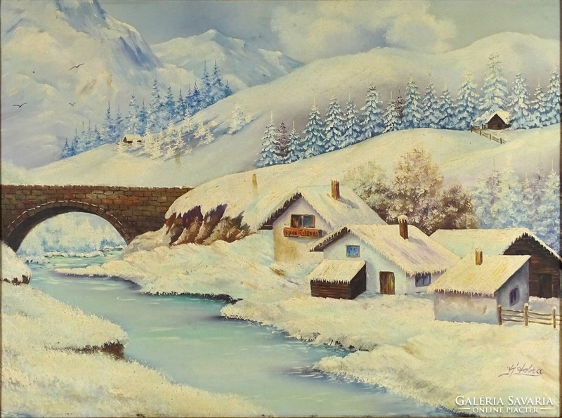 1P314 xx. Century painter: mountainous winter landscape with a bridge