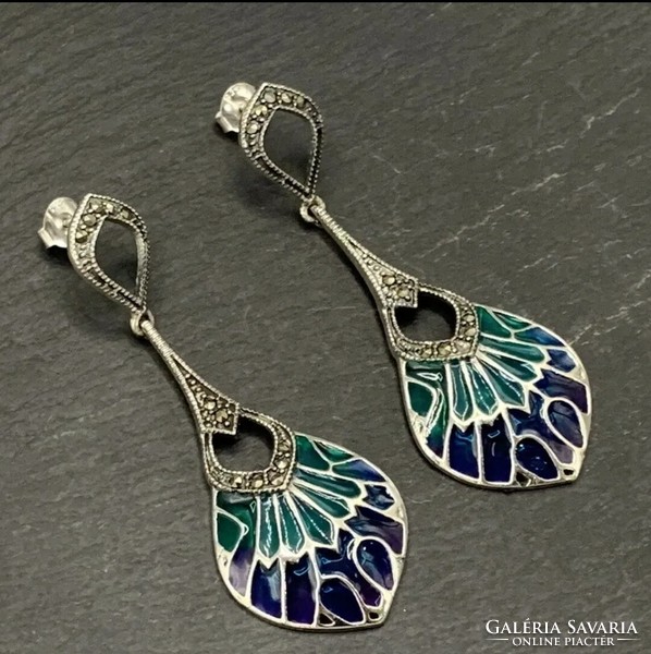 Special silver earrings with fire enamel and marcasite /925/ --new