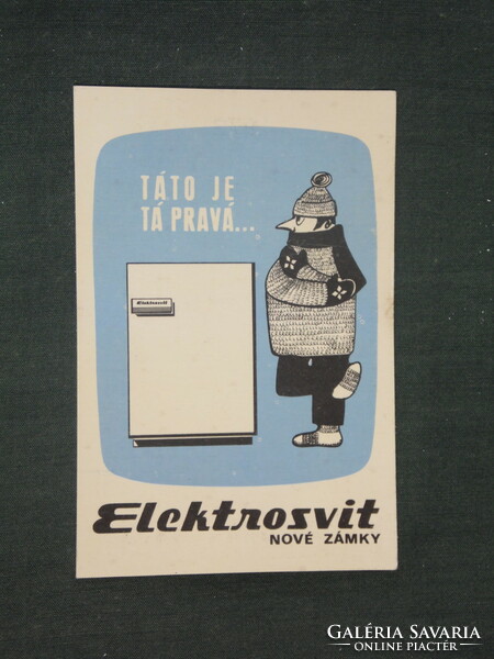 Kártyanaptár,Csehszlovákia,Elektrosvit hűtőszekrény, grafikai rajzos,humoros,1972 ,  (1)