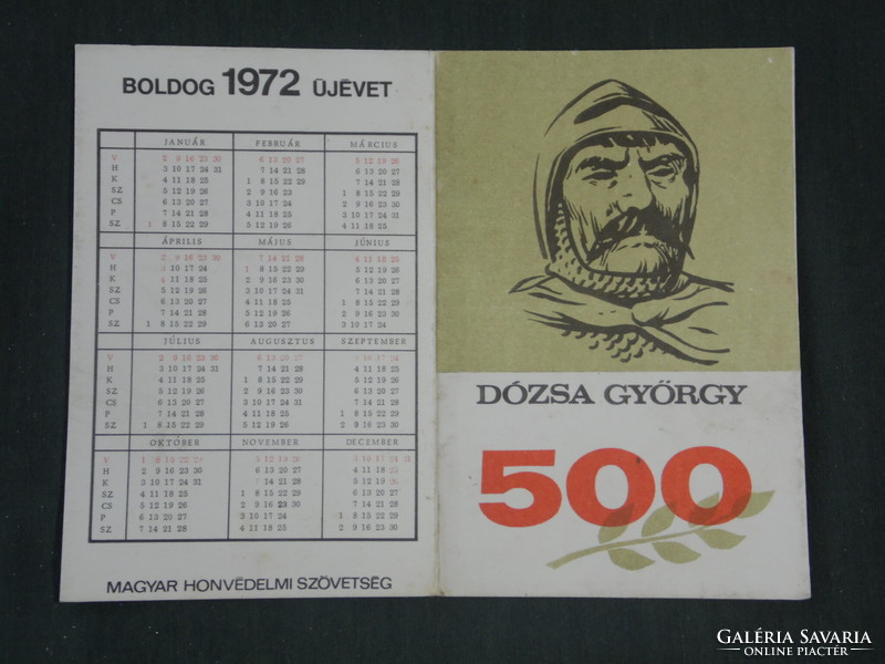 Kártyanaptár, MHSZ, 500 éves Dózsa György,grafikai rajzos, órarend, 1972 ,  (1)