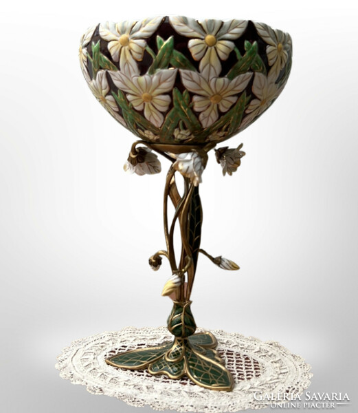 Gyönyörű szecessziós stílusú porcelán-bronz gyümölcsös, asztalközép vagy virágkaspó