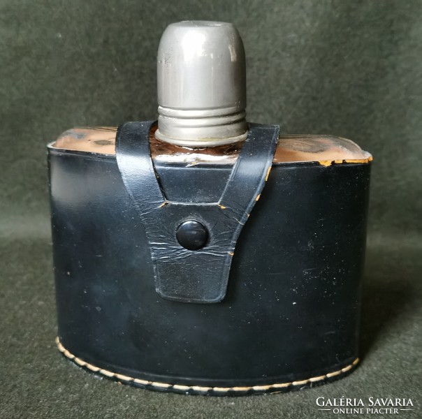 Flat bottle with antique leather case, flask with double cap