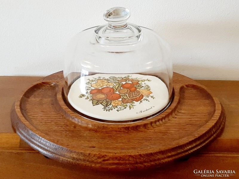 Wonderful vintage cheese glass bowl with ceramic insert on a wooden base