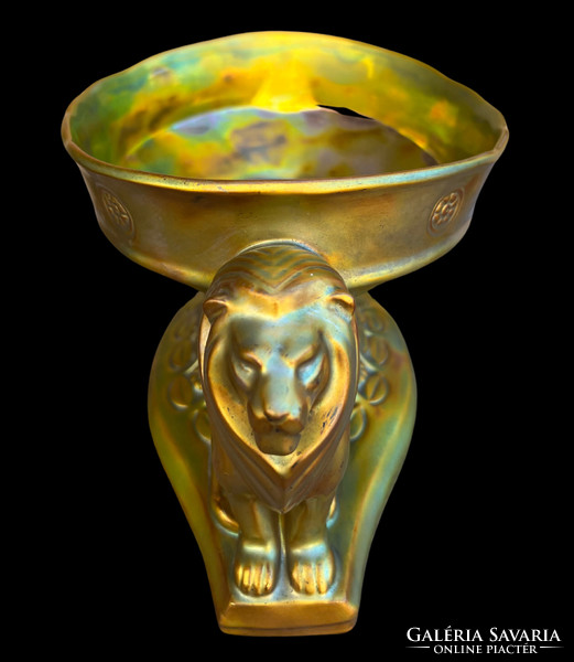 Zsolnay eozin glazed decorative bowl with two seated lions