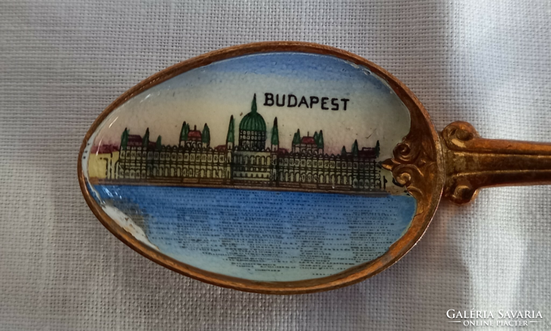 Brass Budapest commemorative spoon decorated with fire enamel