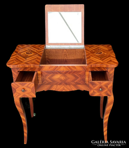 Antik intarziás fésülködő / pipere / smink asztal belső tükörrel