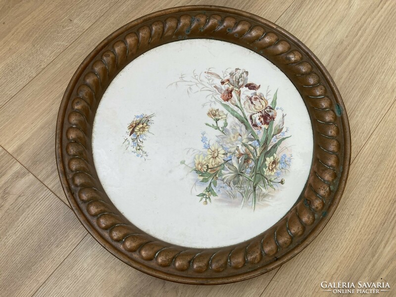 Large majolica inlaid tray with flowers