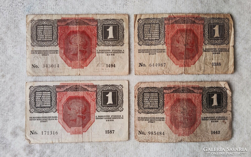 OMM 1 korona (1916) DÖ felülbélyezéssel és bélyeg nélkül (F-G) | 4 db bankjegy