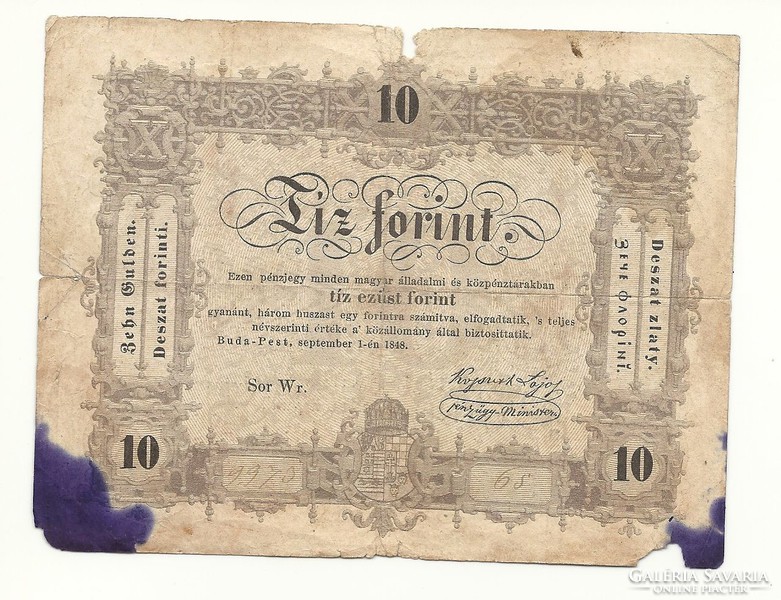 1848 As 10 forint kossuth banknote paper money banknote 1848 49 war of independence money tintant barnsz
