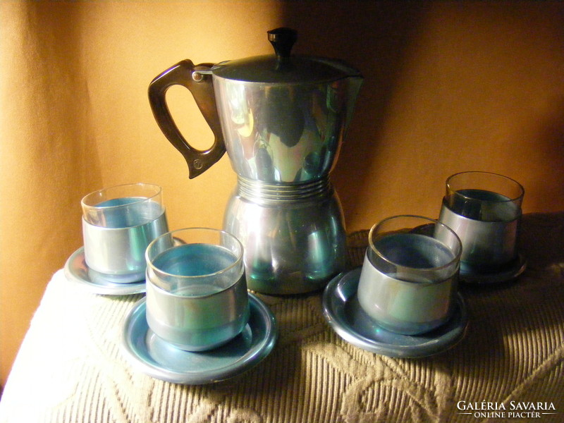 Retro 4-person blue knocker coffee maker set, 70s