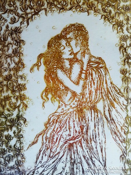 Hug, colored etching