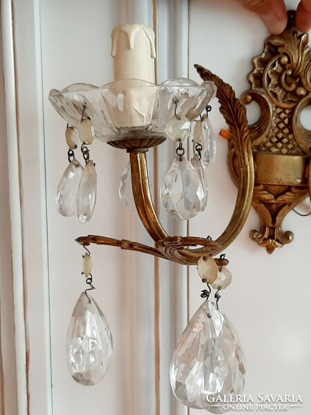 Beautiful baroque antique copper and crystal two-pronged wall arm in a pair