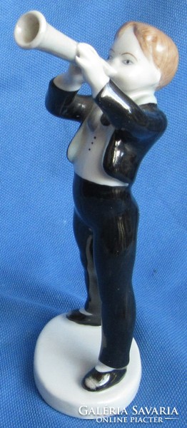 Older Hólloháza porcelain figure, boy playing music, 14.5 cm high, marked