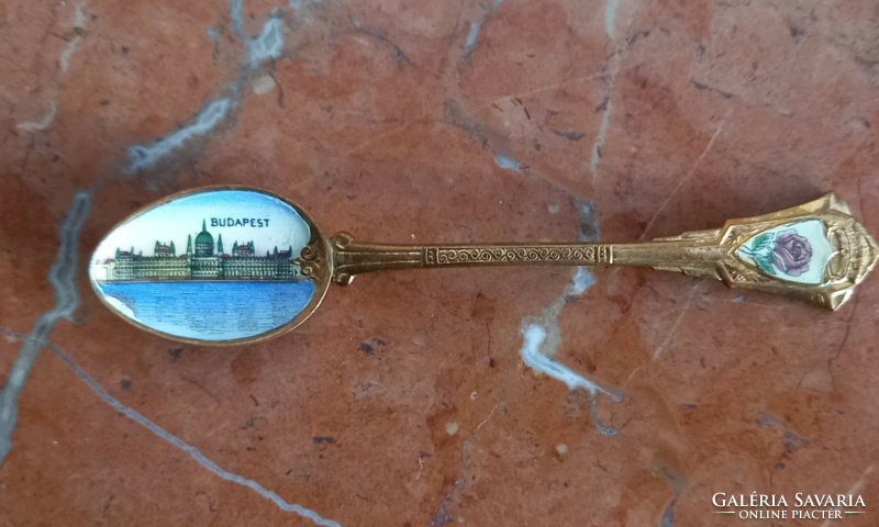 Brass Budapest commemorative spoon decorated with fire enamel