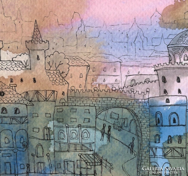 Eredeti Akvarell és kávé Festmény Papíron (Laczó Ágnes kortárs festő/grafikus művész) Eső a városban