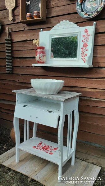 Old mirrored shelf and console table converted into a vanity set