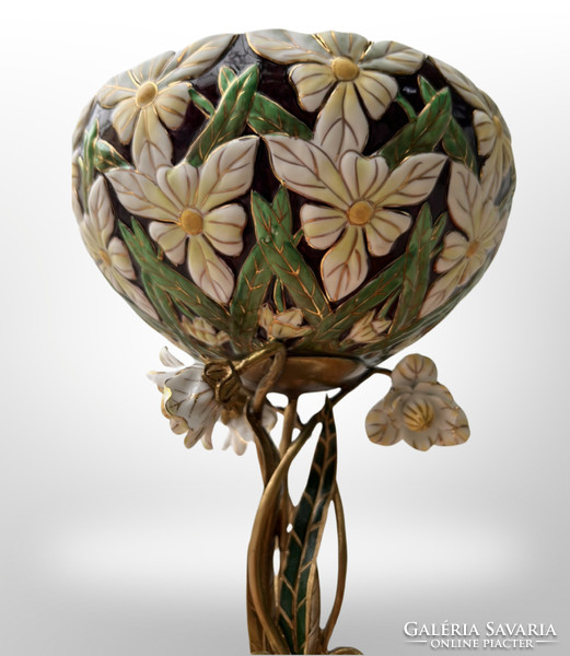 Gyönyörű szecessziós stílusú porcelán-bronz gyümölcsös, asztalközép vagy virágkaspó