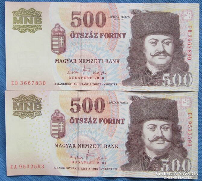 2 HUF 500 banknotes, 2007-2008, 2 five-hundred-forint notes 2007-2008, unused,