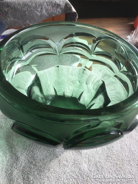 Zöld, régi kristályüveg kaspó, váza, mély tál (201)
