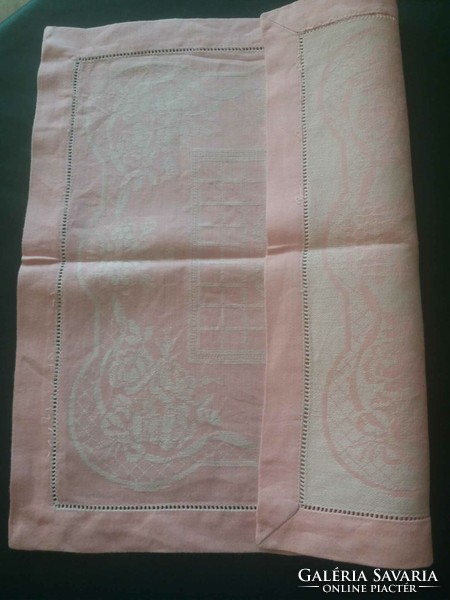 Old, floral pattern, pink damask tablecloth with 6 napkins