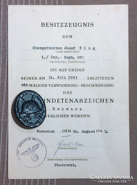 1943 BLACK WOUND BADGE VERWUNDETENABZEICHEN IN SCHWARZ SIGNED 107 CARL WILD HAMBURG