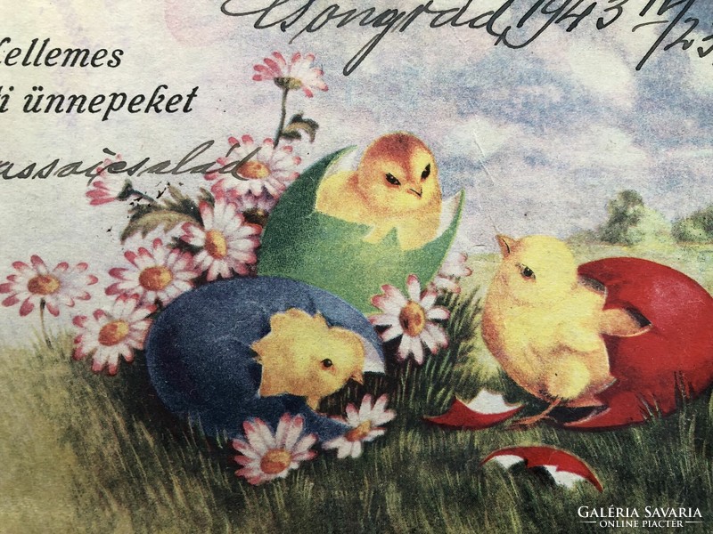 Antik, régi grafikus Húsvéti képeslap               -7.