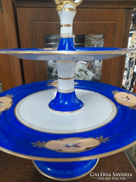 Large French empire, empire hand-painted bird porcelain tiered serving bowl. 40 Cm.