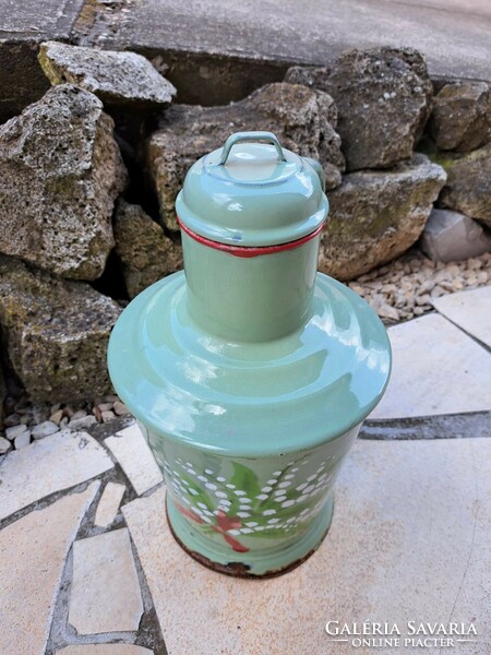 Enamel on enameled green background with lily of the valley floral quarry rustic peasant nostalgia kitchen