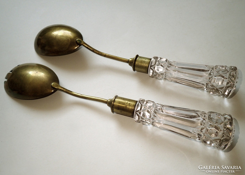 Rarity! Antique vintage waterford? Glass crystal handle copper metal salad spoon salad dressing set