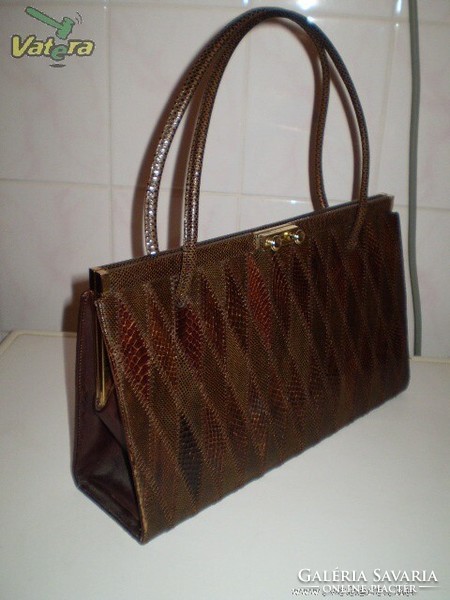 Widegate London women's handbag, reticule exclusive luxury genuine snakeskin, brown 33x20x9 cm