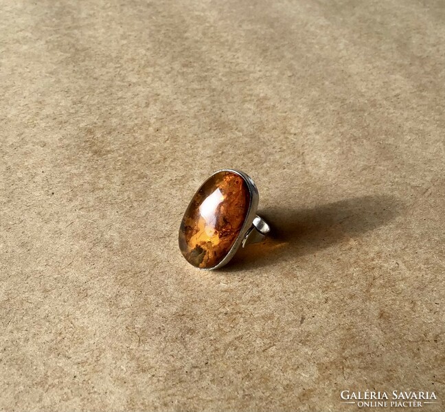 Old Polish silver ring with amber stone