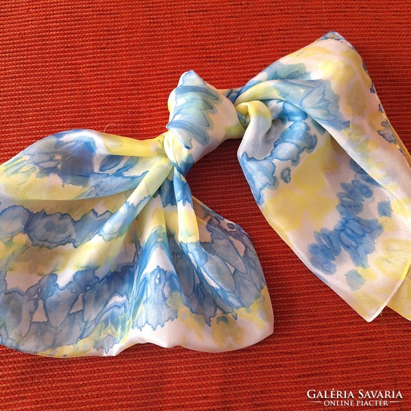 Blue-yellow original caterpillar or spider silk scarf, shawl, hand hemmed