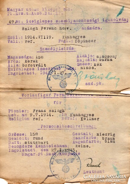 Magyar Utász kiképző szd. németország idéglenes igazolvány, 2 nyelvű, Dachau, Komáromi tábor Ritka!