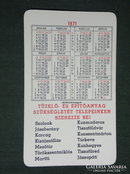 Kártyanaptár, Szolnok Tüzép építőanyag vállalat, Túrkeve,Martfü,Karcag,Jászapáti, 1971 ,  (1)