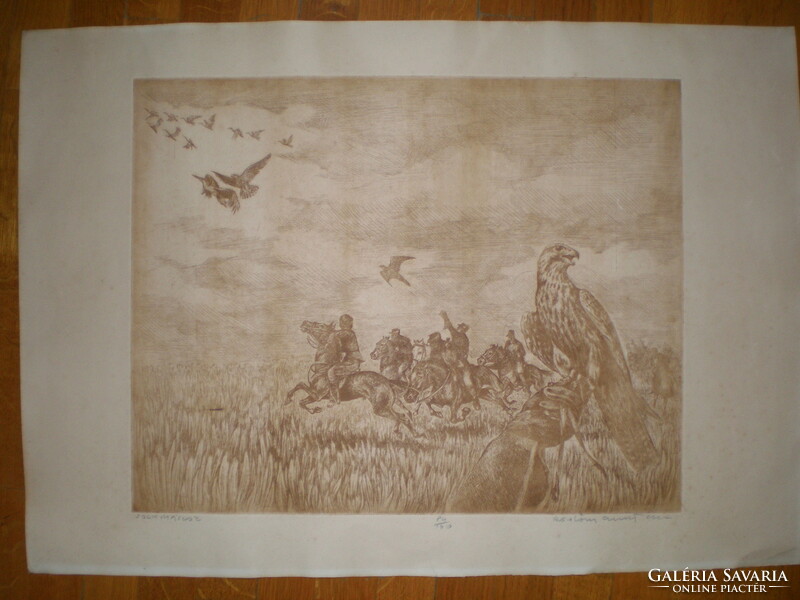 Gábor Rádóczy Gyarmathy, falconers! Big size ! ! Signed, 84 / 100 etching