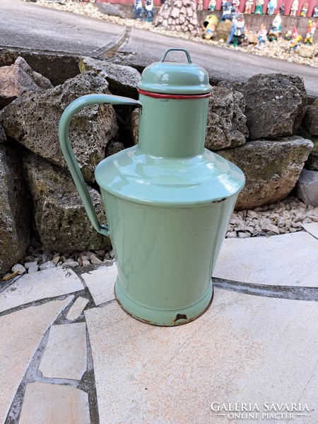 Enamel on enameled green background with lily of the valley floral quarry rustic peasant nostalgia kitchen