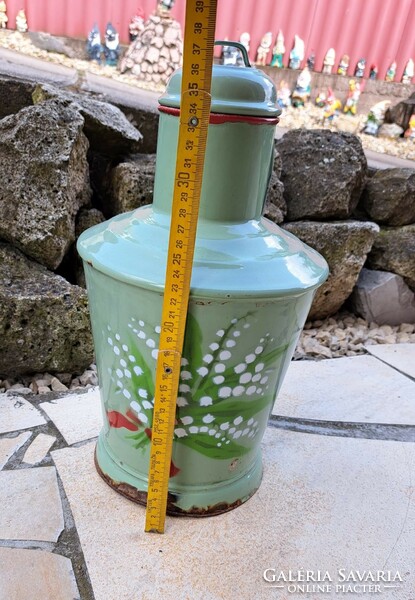 Enamel on enameled green background with lily of the valley floral quarry rustic peasant nostalgia kitchen