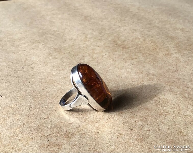 Old Polish silver ring with amber stone