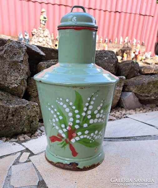 Enamel on enameled green background with lily of the valley floral quarry rustic peasant nostalgia kitchen