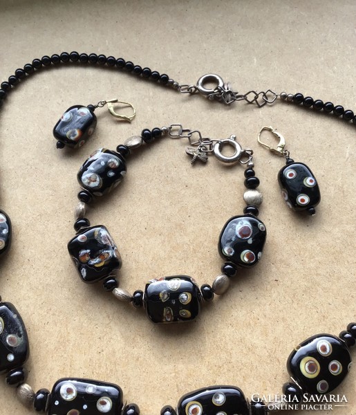 Silver jewelry set decorated with old handmade Murano glass
