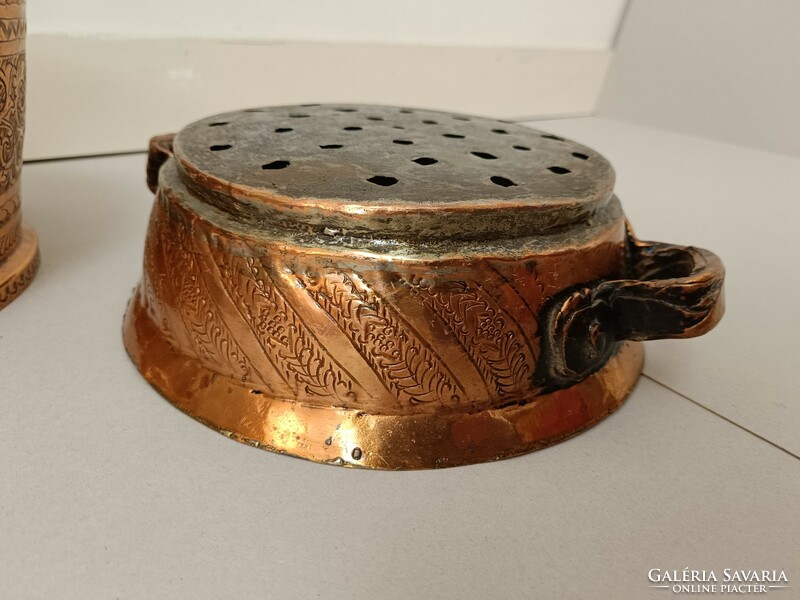 Antique Arabic kitchen tool tinned red copper pot and strainer with engraved punctuated decoration 257 8051