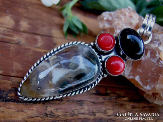 Silver-plated pendant with moss agate, black onyx and coral semi-precious stones