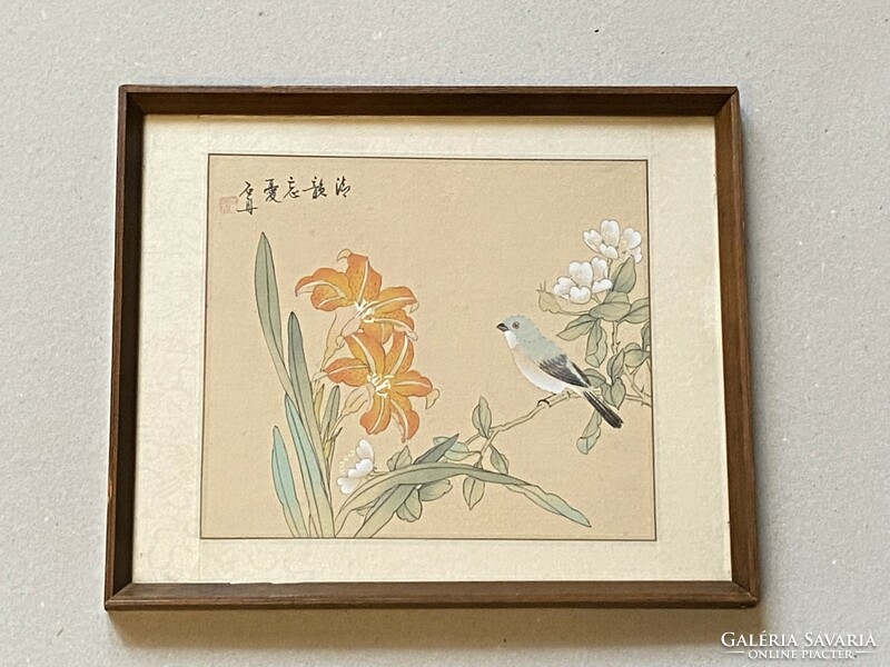 Circa 1950 Chinese painted, marked bird and flower painting in original wooden frame under glass