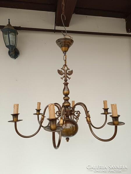 Antique 6-arm patinated copper Flemish chandelier + 6 new bulbs 423 8109