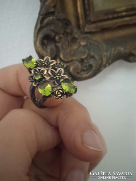 Beautiful silver-plated green zircon women's two-tone ring