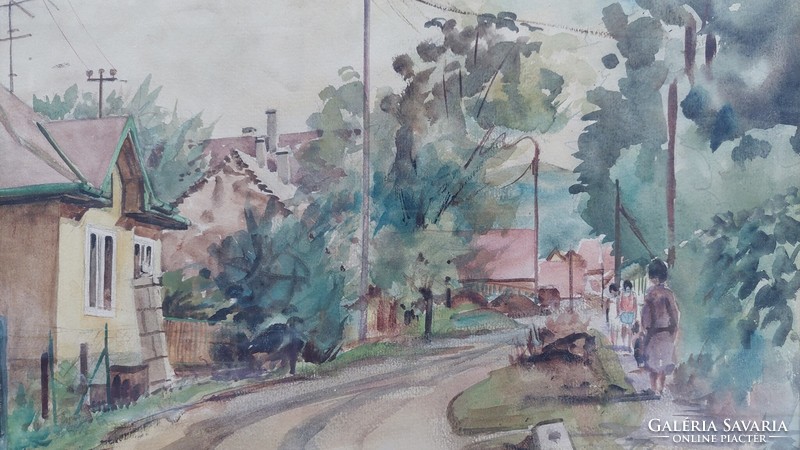 Marked watercolor painting, village street