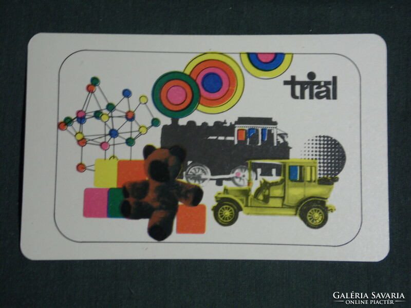 Card calendar, trial, sports, toy musical instrument store, Budapest, graphic, cartoon, car, steam locomotive, 1970, (1)