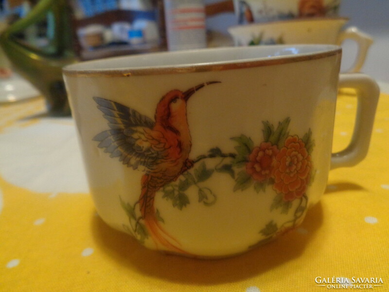 Tea cup, Czech mcp, with bird motif, 9 x 6 cm + tongs