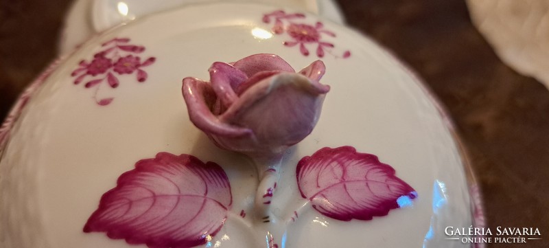 Herend purple apponyi pattern porcelain sugar bowl, bonbonnier (m4011)