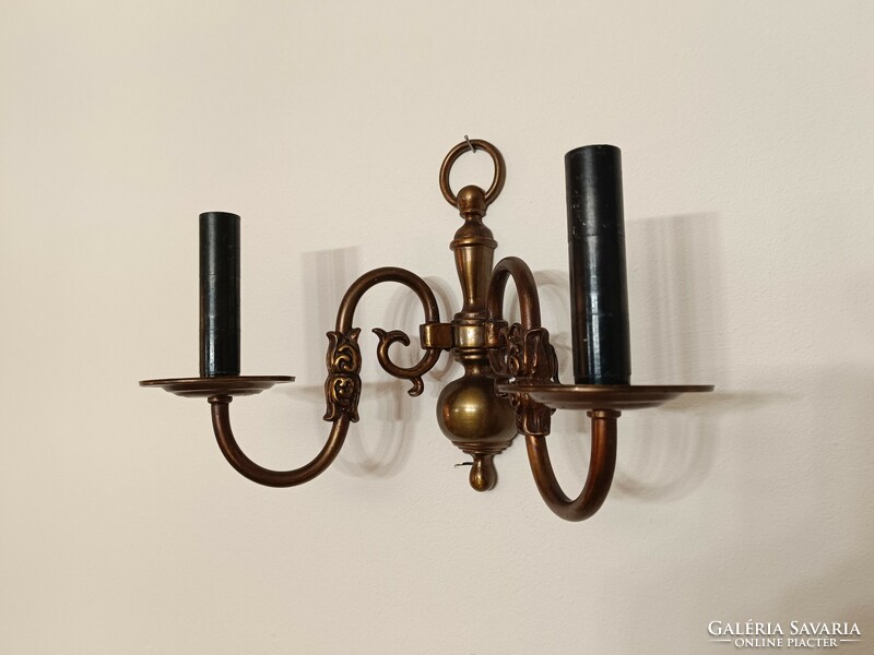 Antique wall arm, patinated copper, 2 two-arm Flemish + 4 new decorative candles and 4 new candle bulbs 329 8045